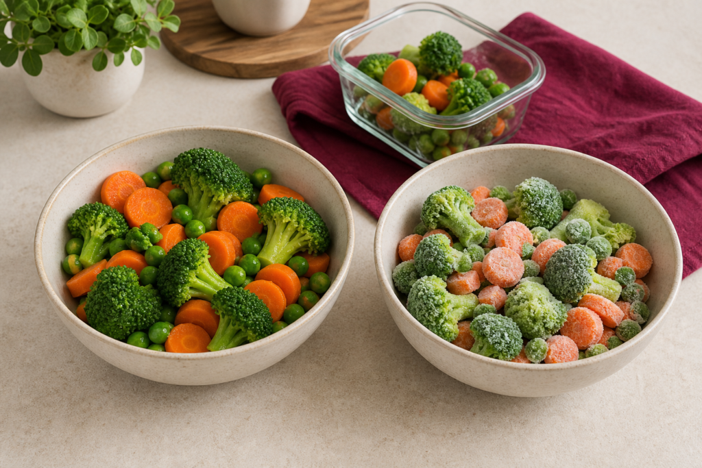 Verduras frescas y congeladas para explicar el valor nutritivo de los alimentos.